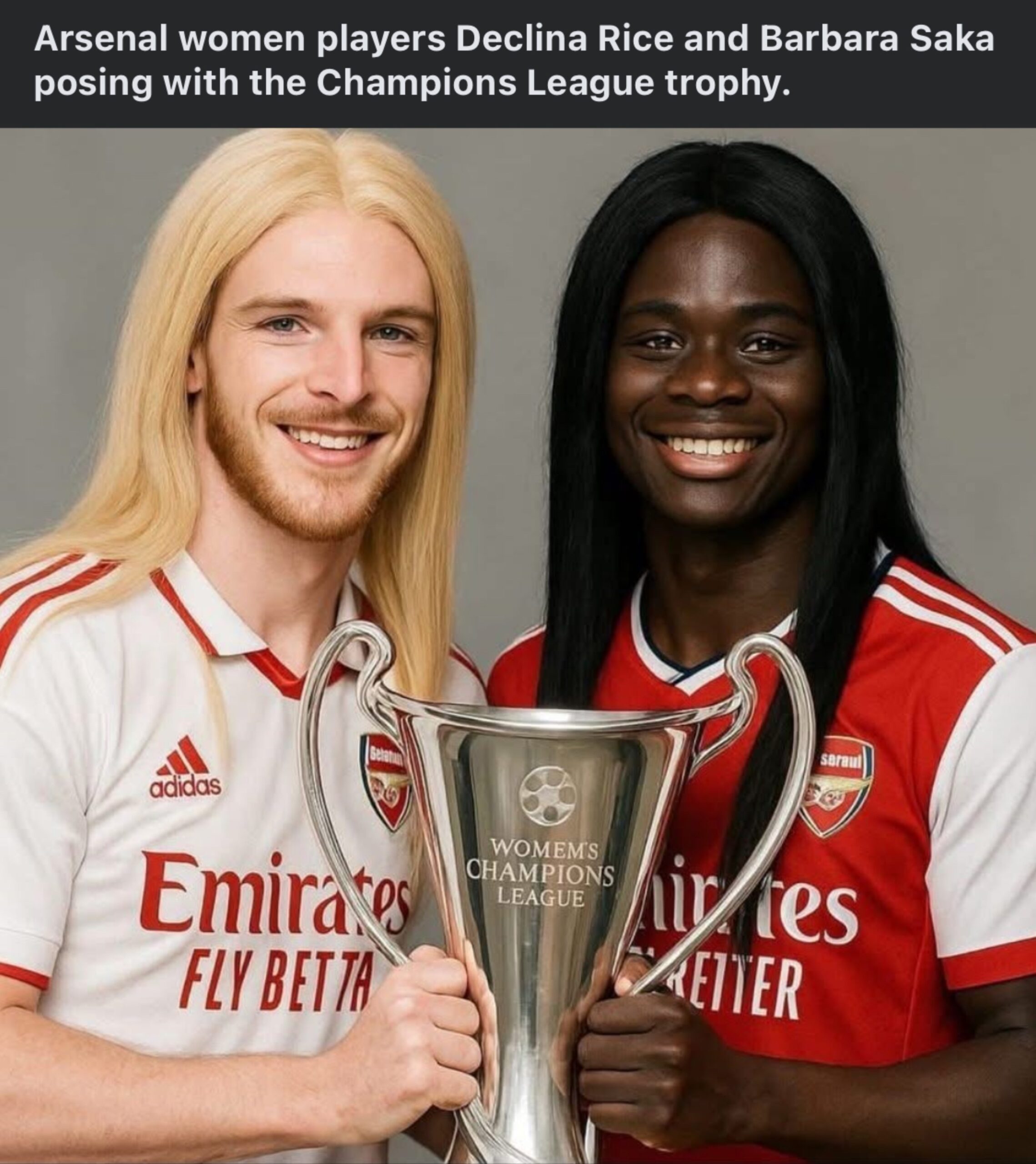 Arsenal women players Declina Rice and Barbara Saka posing with