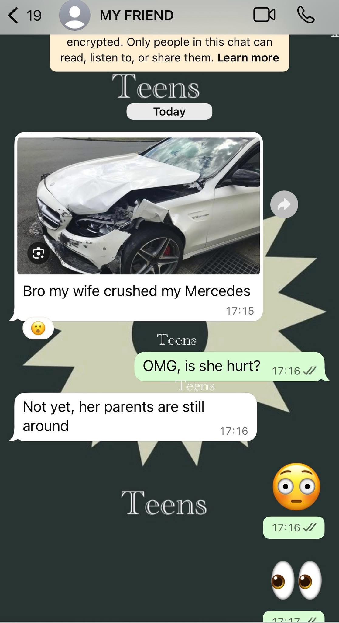 My friend’s wife smash his Benz and I have no clue why he’s waiting for her parent to leave before confirming if she was okay🙂